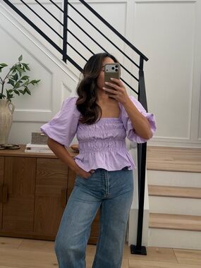 Francesca's Collections Lavender Puff-Sleeve Smocked Peplum Top